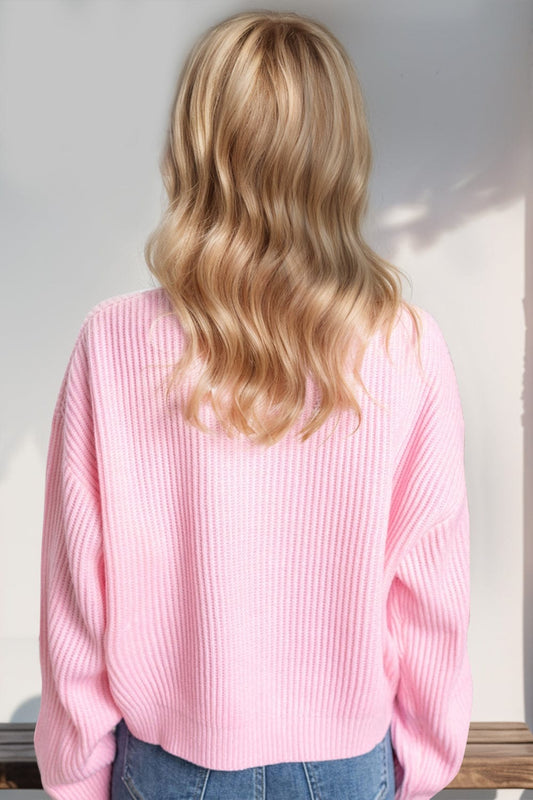 Double Take Full Size MERRY & BRIGHT Christmas Dropped Shoulder Cropped Sweater - Trendsi