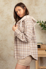 Drawstring Plaid Long Sleeve Hooded Jacket - Trendsi
