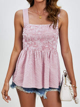 Smocked Plaid Square Neck Tank - Trendsi - Flyclothing LLC