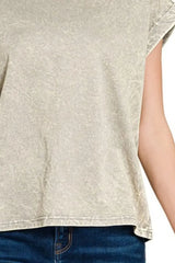 Zenana Crinkle Washed Round Neck Folded Short Sleeve Tee - Trendsi - Flyclothing LLC