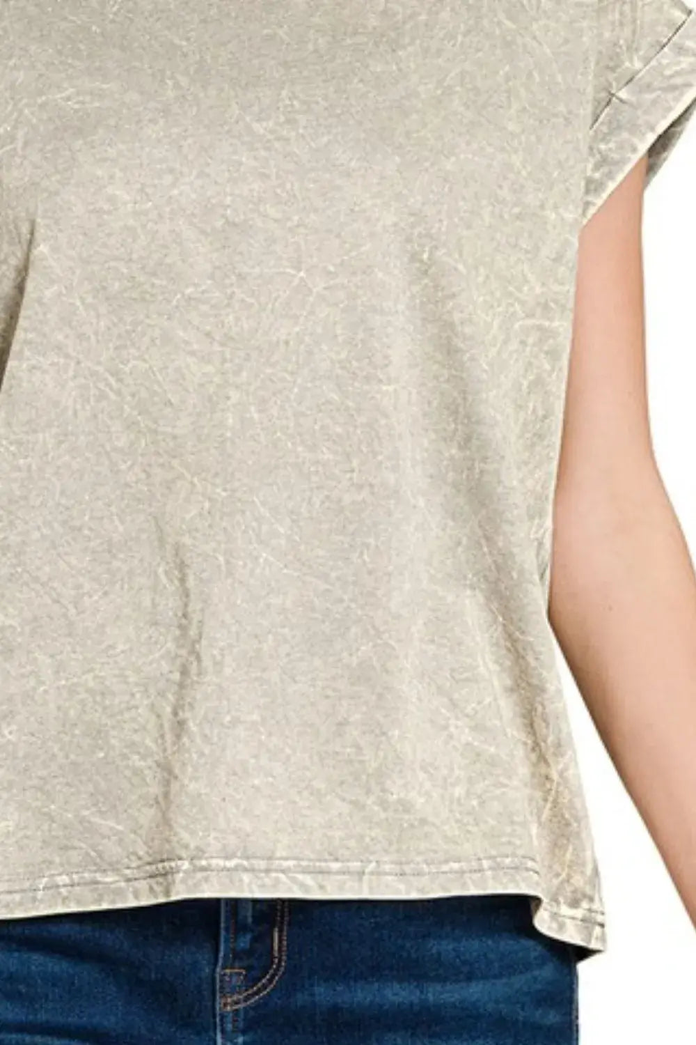 Zenana Crinkle Washed Round Neck Folded Short Sleeve Tee - Trendsi - Flyclothing LLC