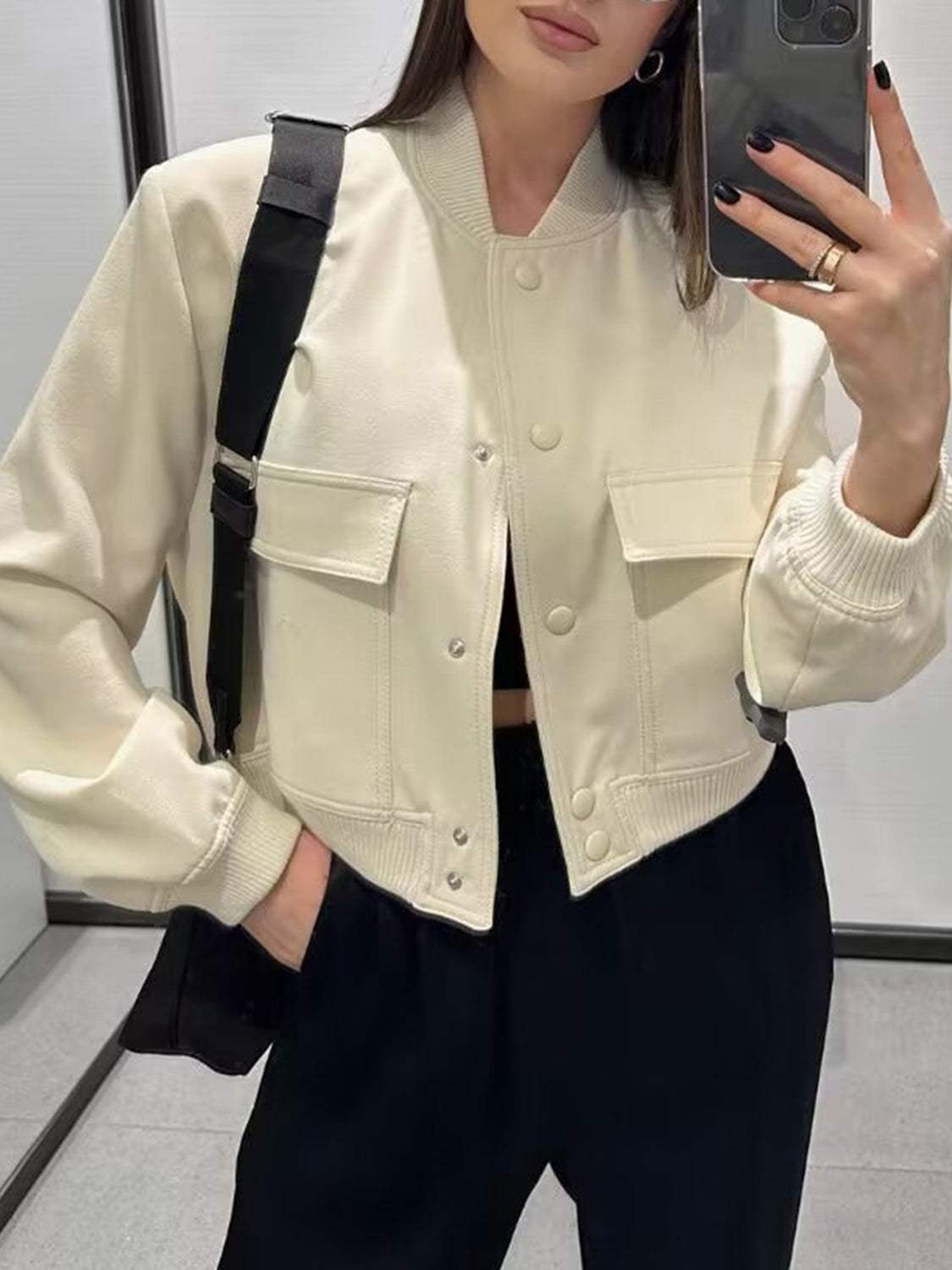 Pocketed Snap Down Baseball Collar Jacket - Trendsi - Flyclothing LLC