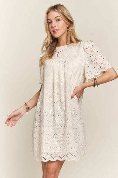 ADORA Ruffled Eyelet Round Neck Dress - Trendsi - Flyclothing LLC