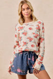 BiBi Floral Print Washed Waffle Thermal Top With Thumb - Trendsi - Flyclothing LLC