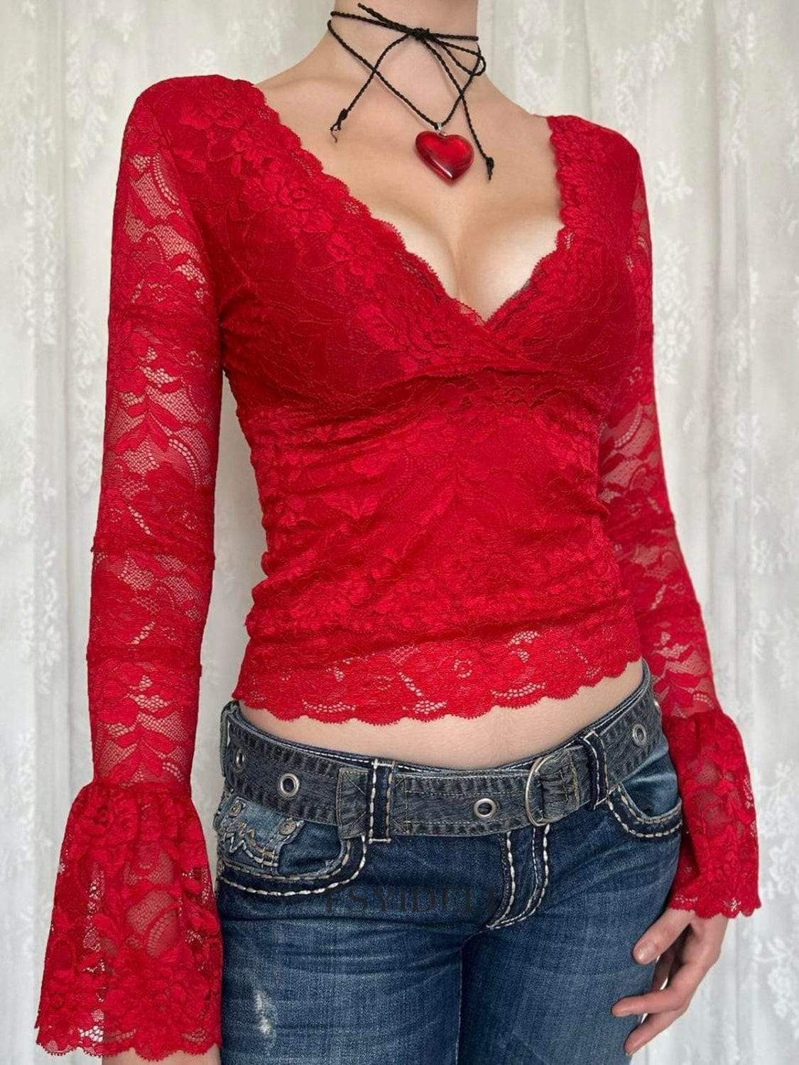 Lace Surplice Long Sleeve Blouse - Trendsi - Flyclothing LLC