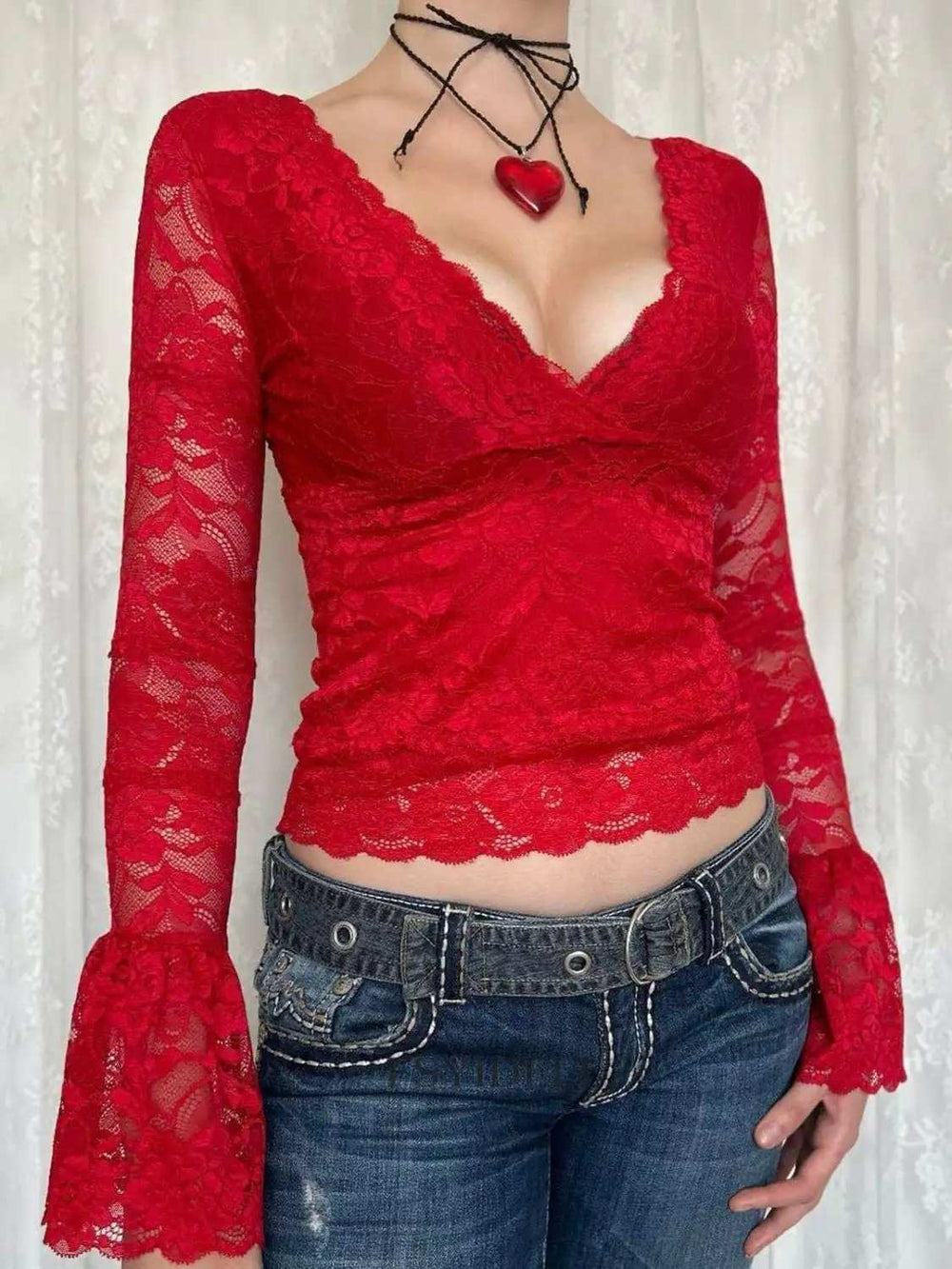 Lace Surplice Long Sleeve Blouse - Trendsi - Flyclothing LLC