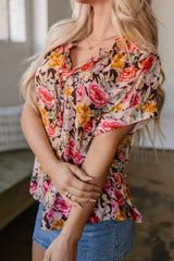 Floral Tie Neck Short Sleeve Blouse - Trendsi - Flyclothing LLC