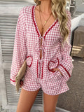 Devine Tie Front Contrast Plaid Shirt and Shorts Set - Trendsi
