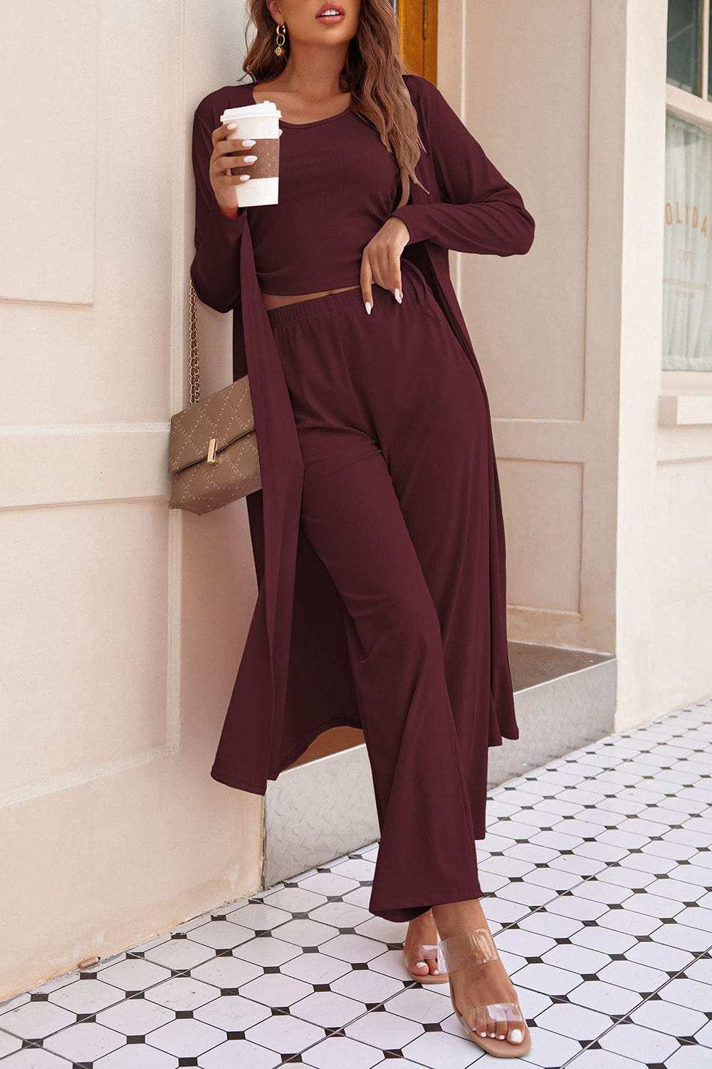 Drawstring Tank, Long Sleeve Cover Up and Pants Set - Trendsi - Flyclothing LLC