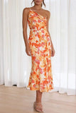 Ruched Printed Single Shoulder Midi Dress - Trendsi