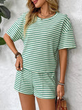 Striped Round Neck Short Sleeve Top and Shorts Set - Trendsi