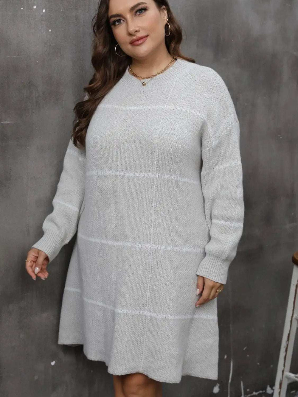 Plus Size Round Neck Long Sleeve Sweater Dress - Trendsi - Flyclothing LLC