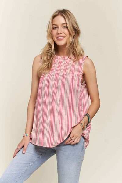 ADORA Contrast Striped Frill Round Neck Sleeveless Top - Trendsi - Flyclothing LLC