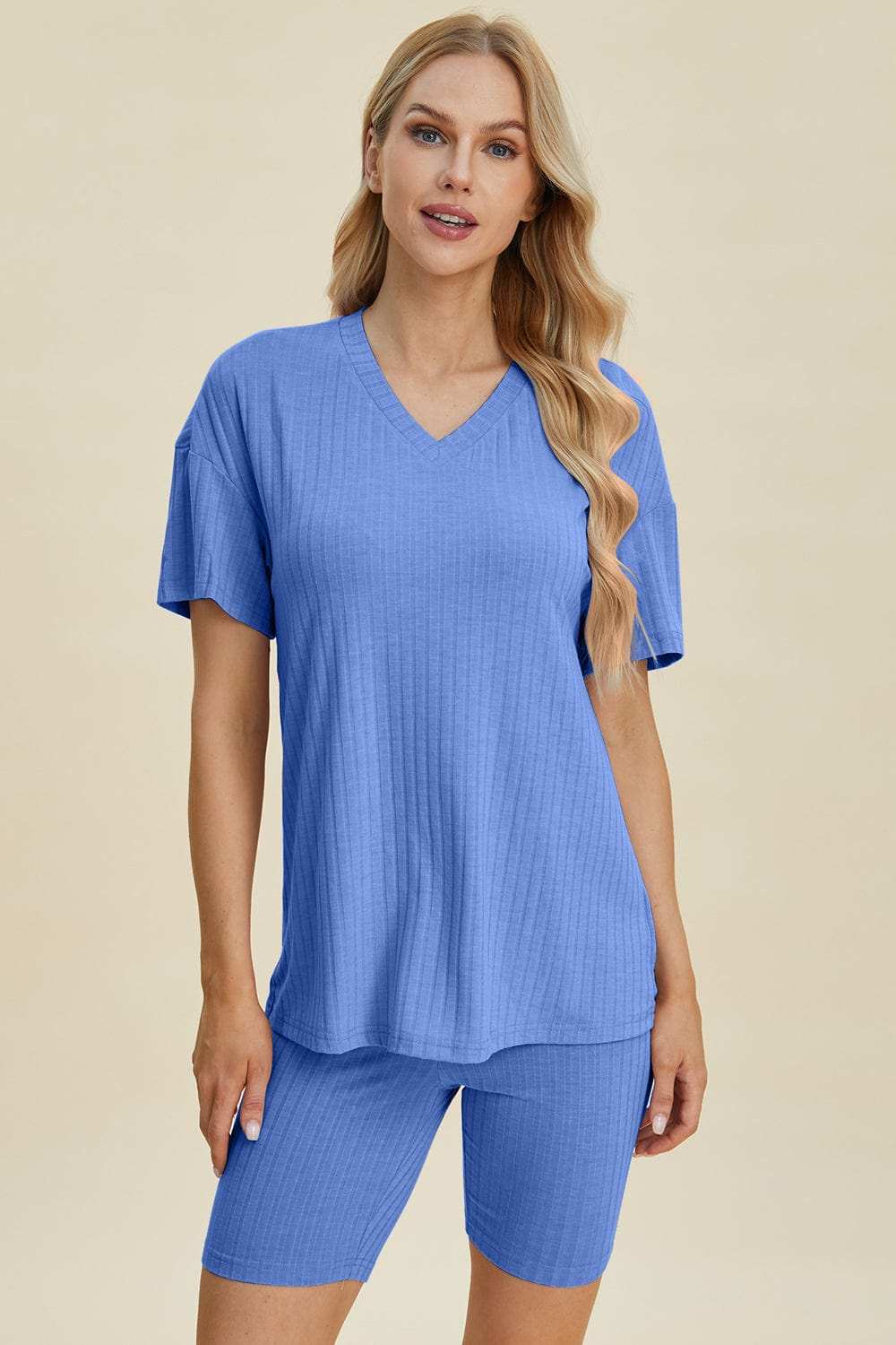 Basic Bae Full Size Ribbed V-Neck Short Sleeve Top and Shorts Set - Trendsi - Flyclothing LLC