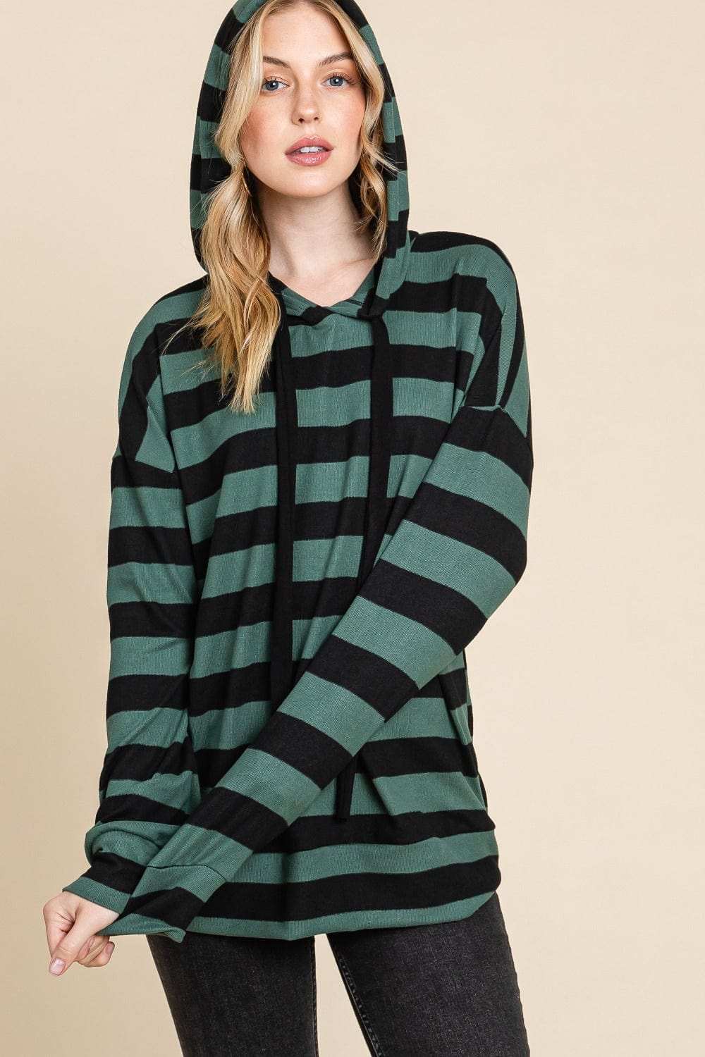 BOMBOM Drawstring Striped Dropped Shoulder Hoodie - Trendsi - Flyclothing LLC
