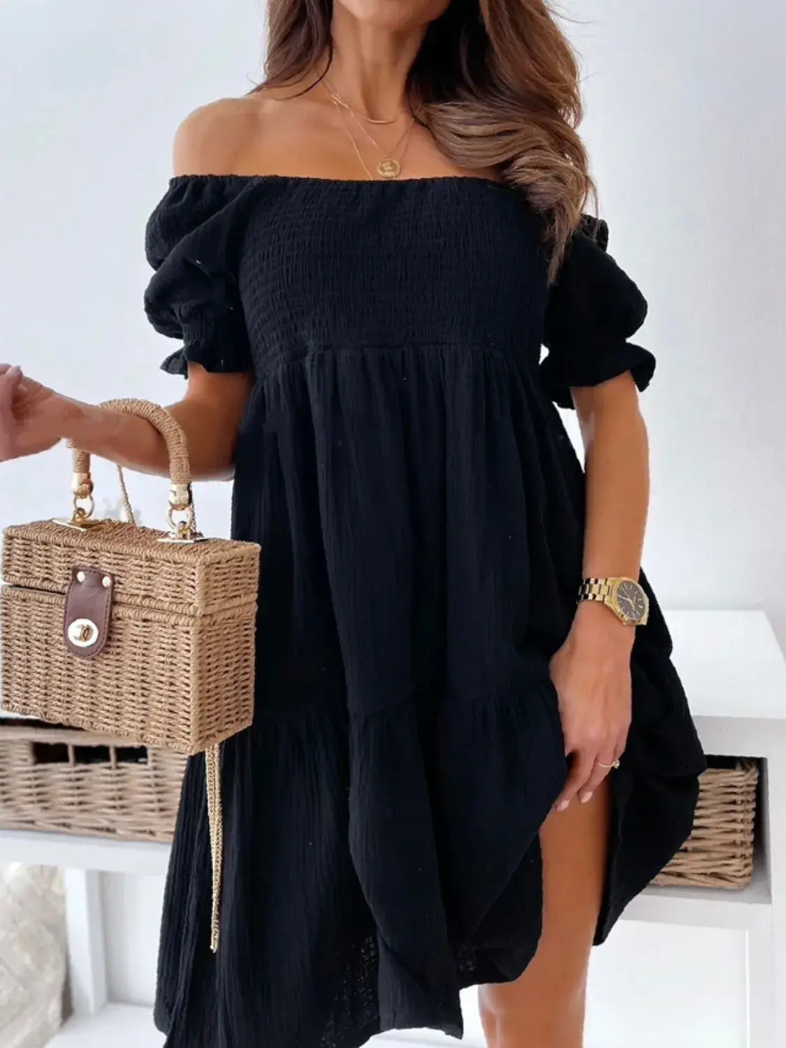 Smocked Off-Shoulder Mini Dress - Trendsi - Flyclothing LLC