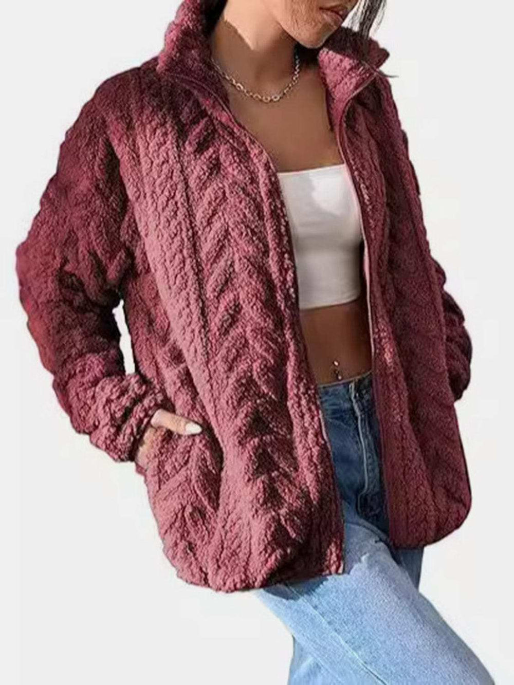 Fuzzy Zip Up Long Sleeve Jacket - Trendsi - Flyclothing LLC