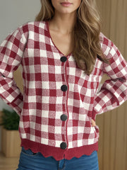 Plaid V-Neck Button Up Cardigan - Trendsi