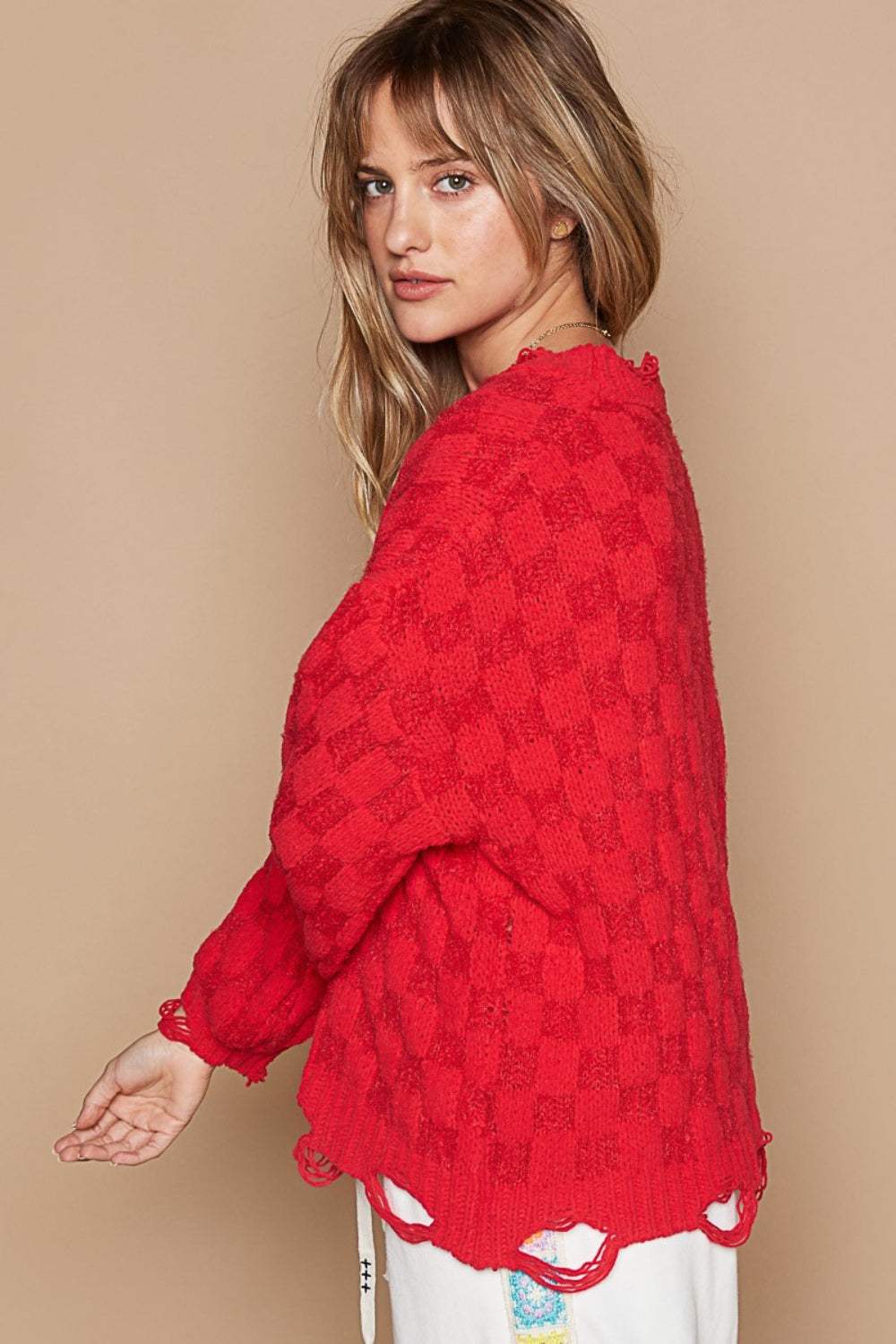 POL Checkered Distressed Edge Sweater - Trendsi - Flyclothing LLC