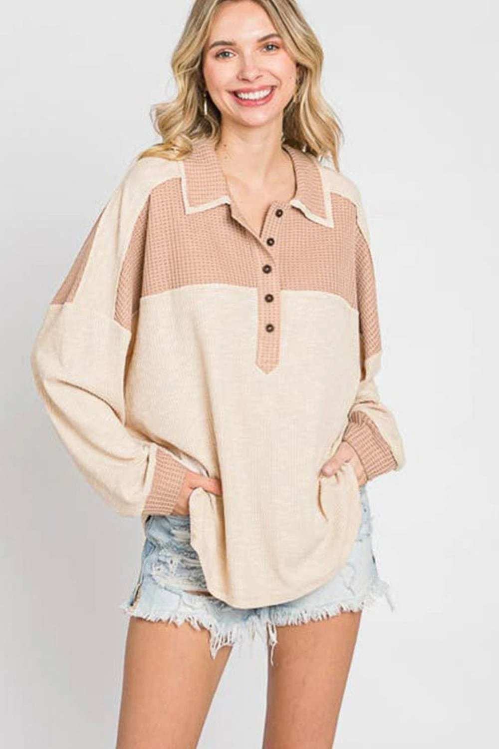 Waffle-Knit Color Block Half Button Long Sleeve Top - Trendsi - Flyclothing LLC
