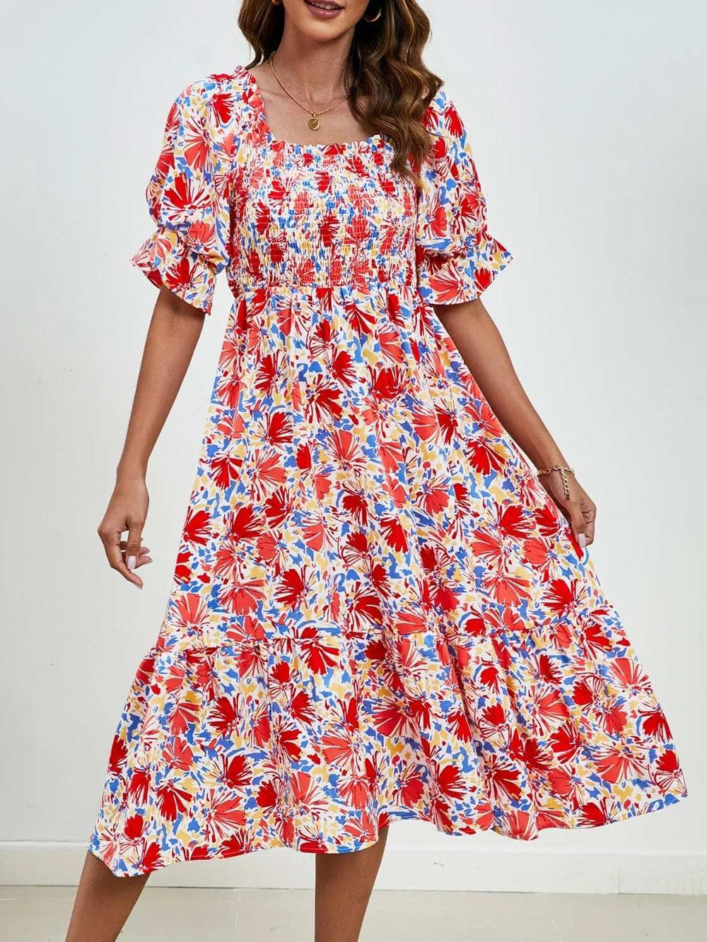 Smocked Floral Square Neck Short Sleeve Dress - Trendsi - Flyclothing LLC