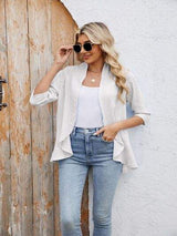 Eyelet Open Front Three-Quarter Sleeve Top - Trendsi - Flyclothing LLC