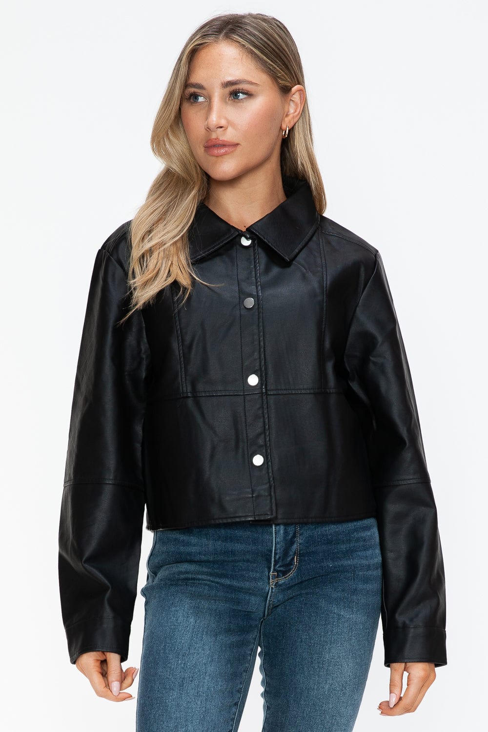 Snobbish Snap Down Long Sleeve PU Leather Jacket - Trendsi