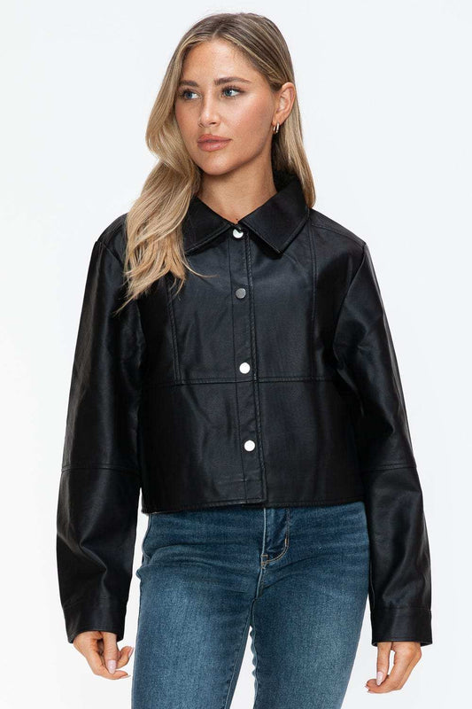 Snobbish Snap Down Long Sleeve PU Leather Jacket - Trendsi - Flyclothing LLC