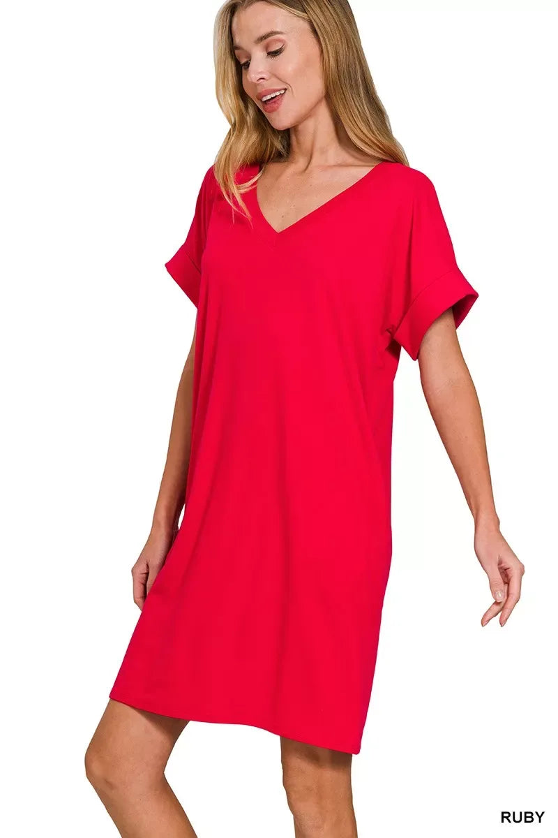 Zenana Brushed Dty Rolled Short Sleeve V-Neck Dress - Trendsi - Flyclothing LLC