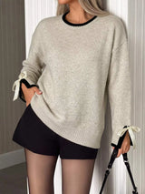 Contrast Trim Ribbed Cuff Tie-Sleeve Sweater - Trendsi - Flyclothing LLC