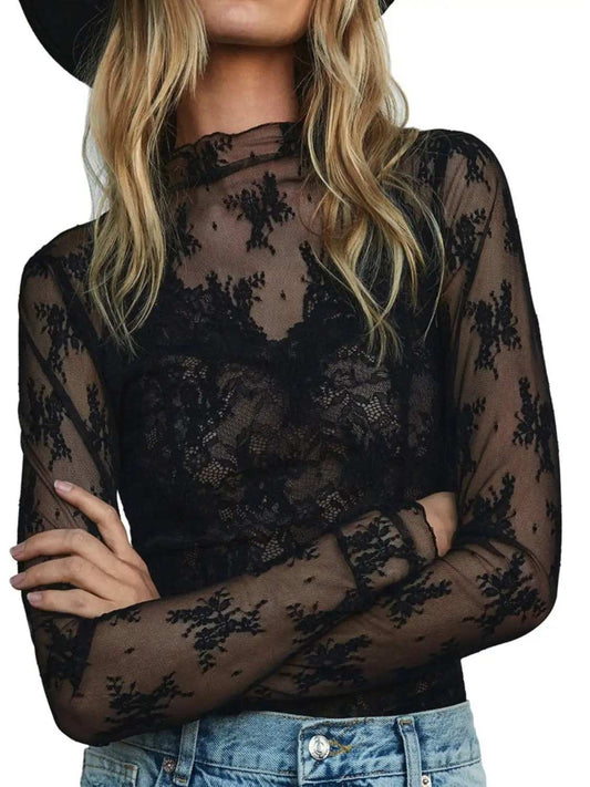 Lace Mock Neck Long Sleeve Blouse - Trendsi - Flyclothing LLC