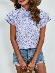 Ditsy Floral Mock Neck Flounce Sleeve Blouse - Trendsi