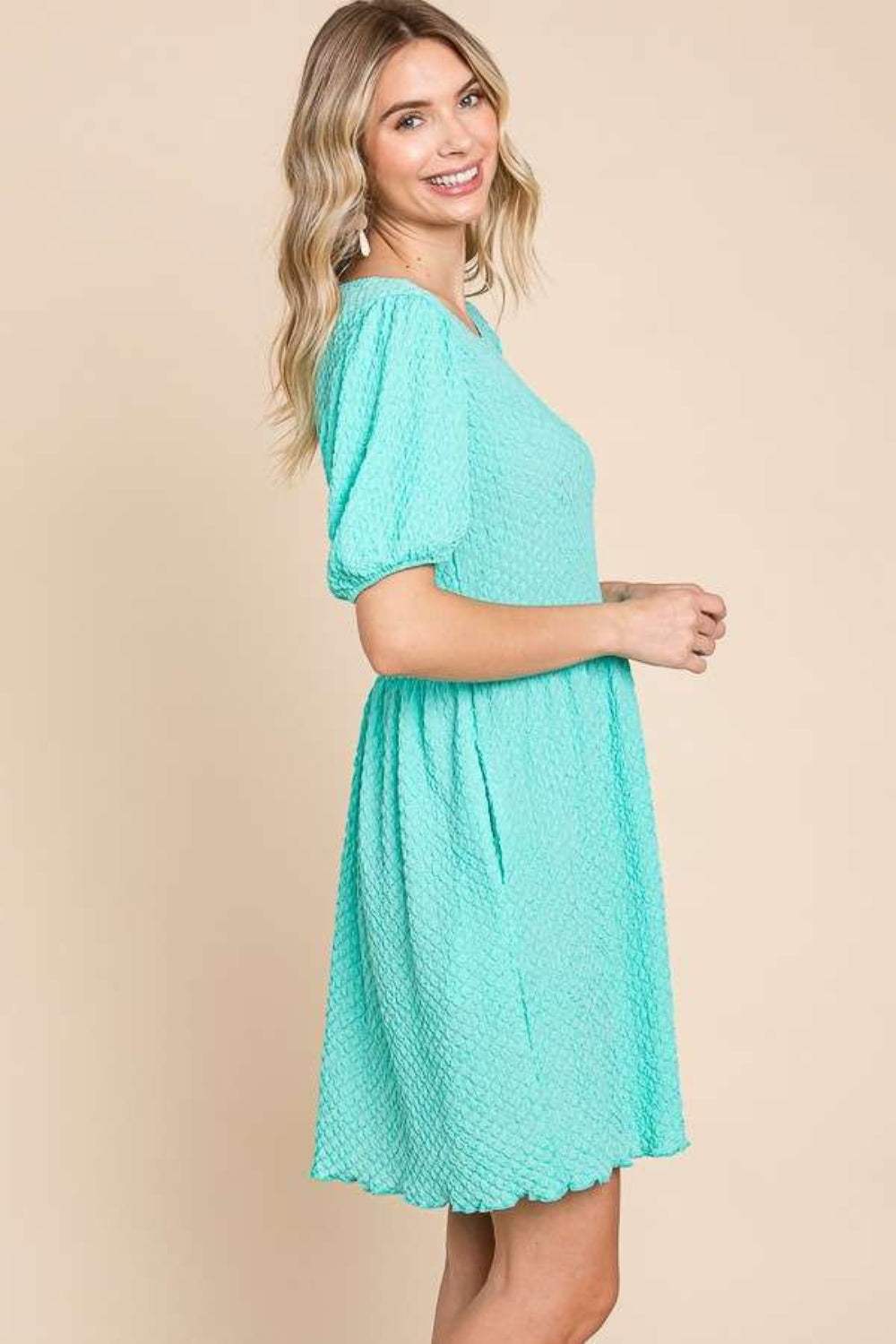 Culture Code Full Size Textured Round Neck Puff Sleeve Dress - Trendsi - Flyclothing LLC