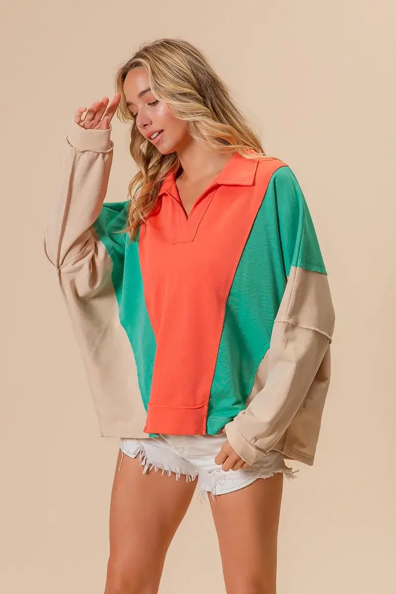 BiBi Colorblock Exposed Seam French Terry Sweatshirt - Trendsi - Flyclothing LLC