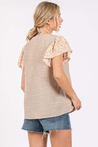 Ces Femme Round Neck Floral Short Sleeve Top - Trendsi - Flyclothing LLC