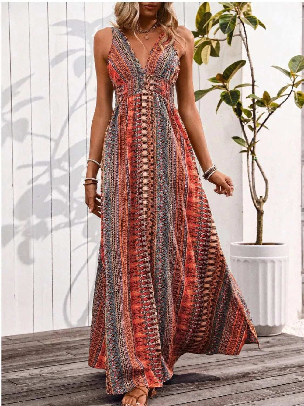 Tied Back Printed Sleeveless Maxi Slit Dress - Trendsi - Flyclothing LLC