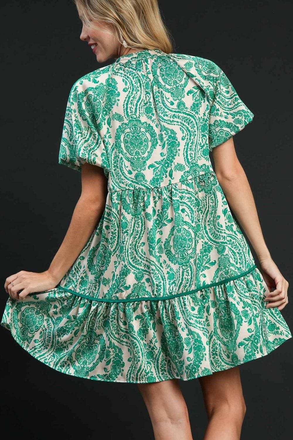 Umgee Full Size Printed Notched Puff Sleeve Mini Dress Plus Size - Trendsi - Flyclothing LLC