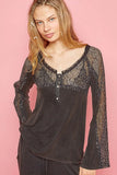 POL V-Neck Long Sleeve Lace Patch Top - Trendsi