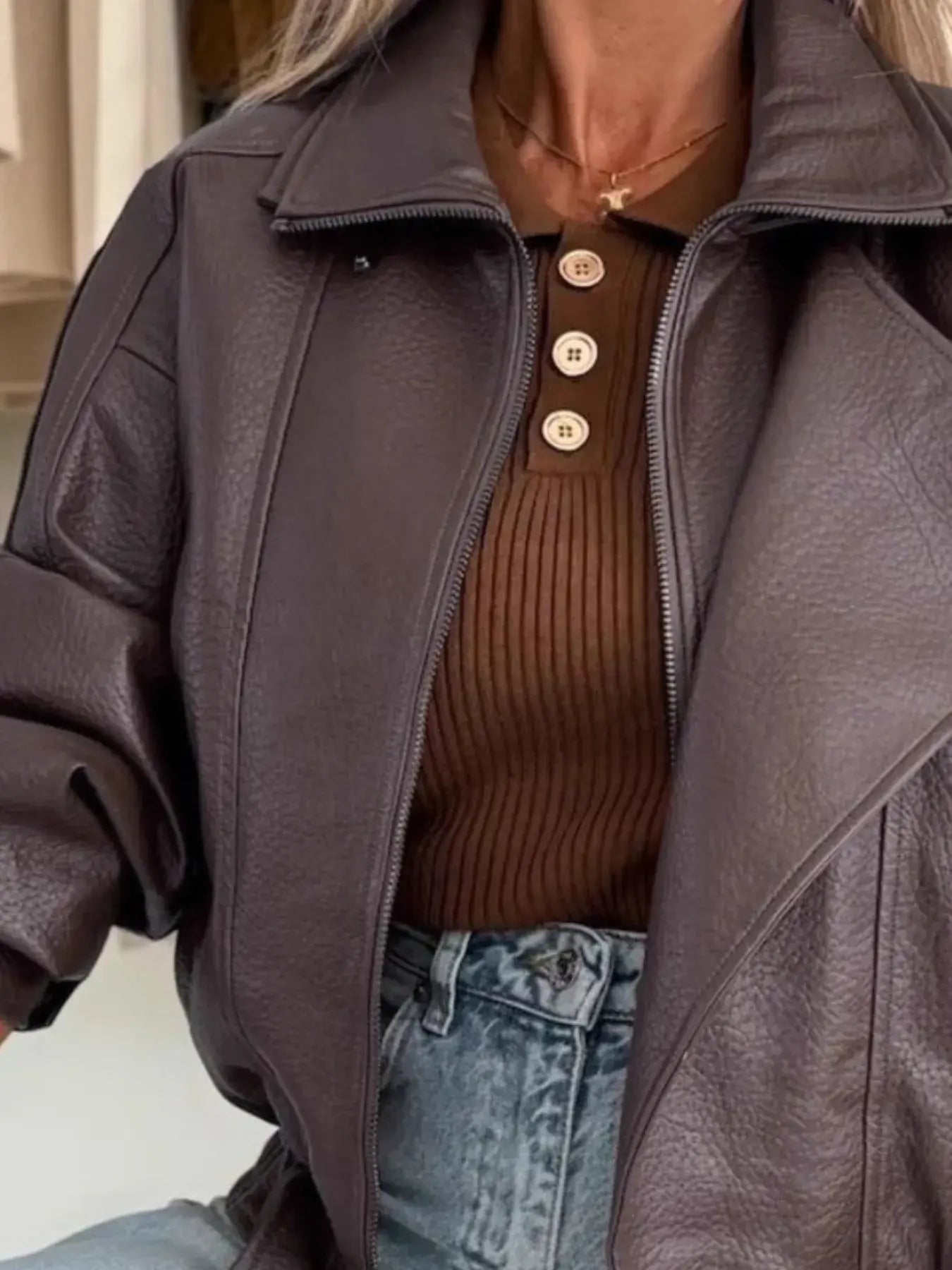 Leather Zip Up Jacket - Trendsi - Flyclothing LLC