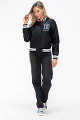 Love Me Now PU Leather Contrast Snap Down Bomber Jacket - Trendsi
