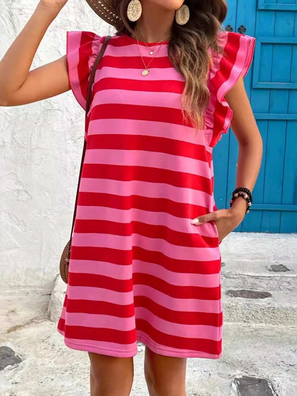 Striped Ruffle Sleeve Casual Summer Dress - Trendsi - Flyclothing LLC
