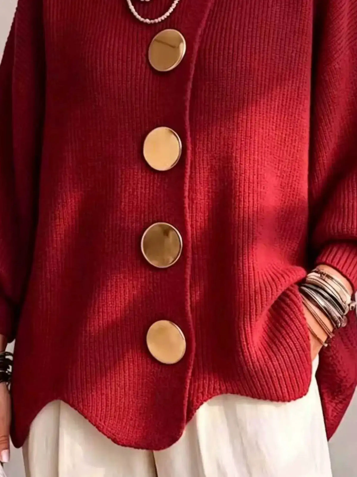 Full Size Gold Buttons Lantern Sleeve Cardigan Plus Size - Trendsi - Flyclothing LLC