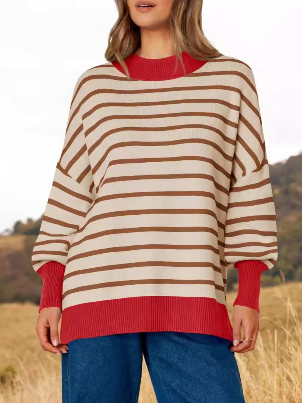 Striped Round Neck Long Sleeve Sweater - Trendsi - Flyclothing LLC