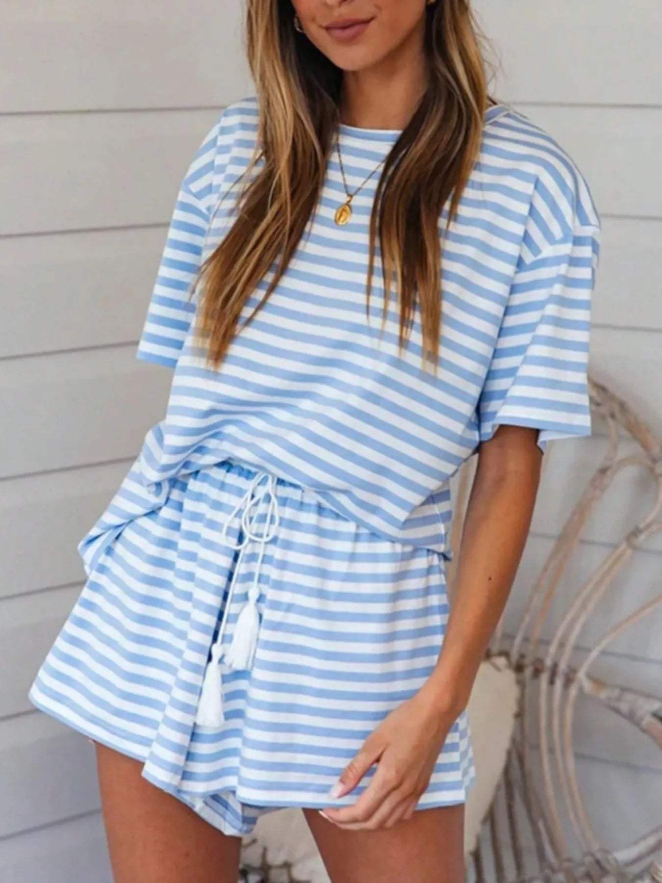 Striped Short Sleeve Tee and Drawstring Shorts Set - Trendsi - Flyclothing LLC