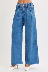 RISEN Full Size Mid Rise Fit Wide Leg with Pleated Detail Jeans Plus Size - Trendsi - Flyclothing LLC