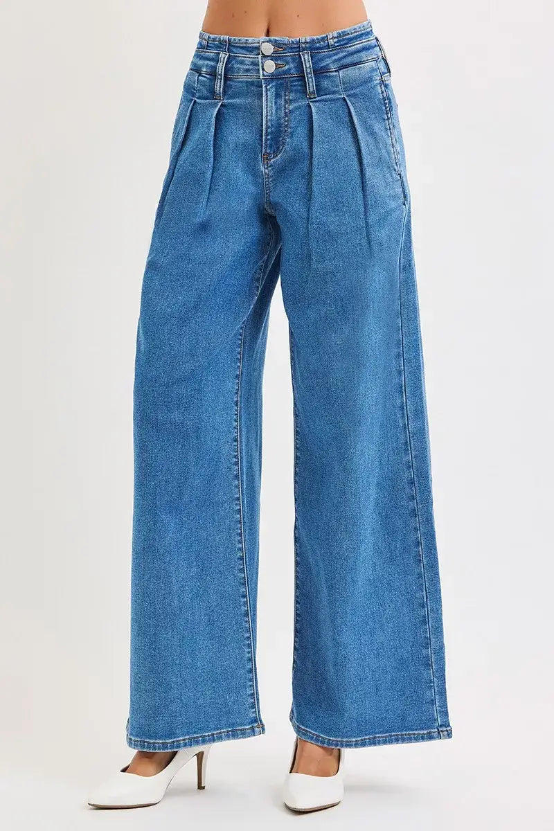 RISEN Full Size Mid Rise Fit Wide Leg with Pleated Detail Jeans Plus Size - Trendsi - Flyclothing LLC