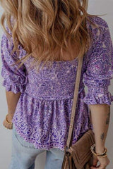 Printed Square Neck Half Sleeve Blouse - Trendsi - Flyclothing LLC