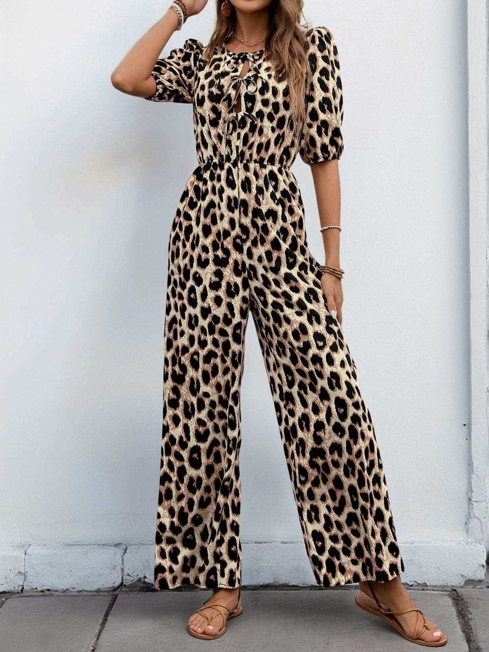 Perfee Tied Leopard Half Sleeve Jumpsuit - Trendsi - Flyclothing LLC