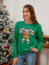Sequin Candy Cane Round Neck Long Sleeve Sweater - Trendsi - Flyclothing LLC