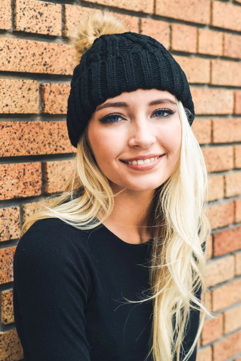 Cable Knit Beanie with Faux Fur Pom - Boho Clothing and Accessories - Flyclothing LLC